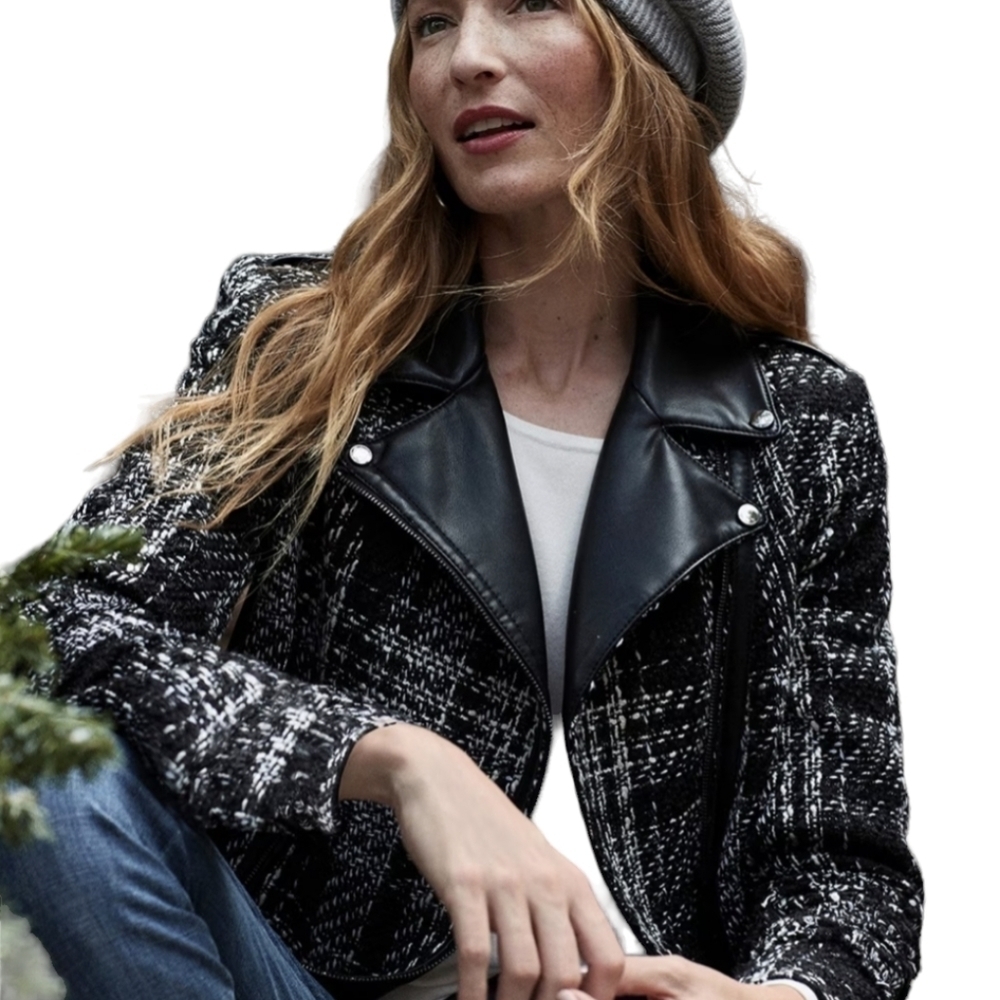 Chico's Tweed And Faux Leather Moto Jacket black - white